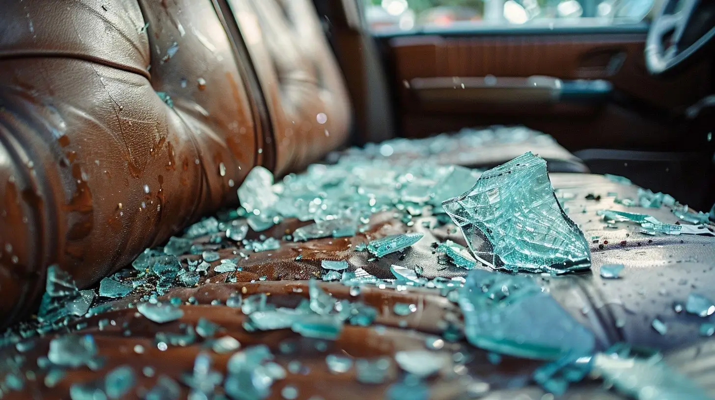 A car door glass shattered with shards on the seats.